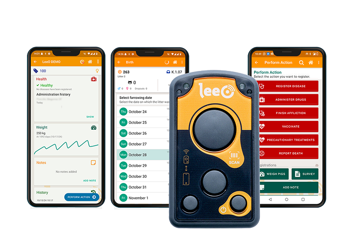LeeO reader en drie smartphones tonen verschillende beelden van de app. Bovenop een cirkel van Protect en Connect logo's